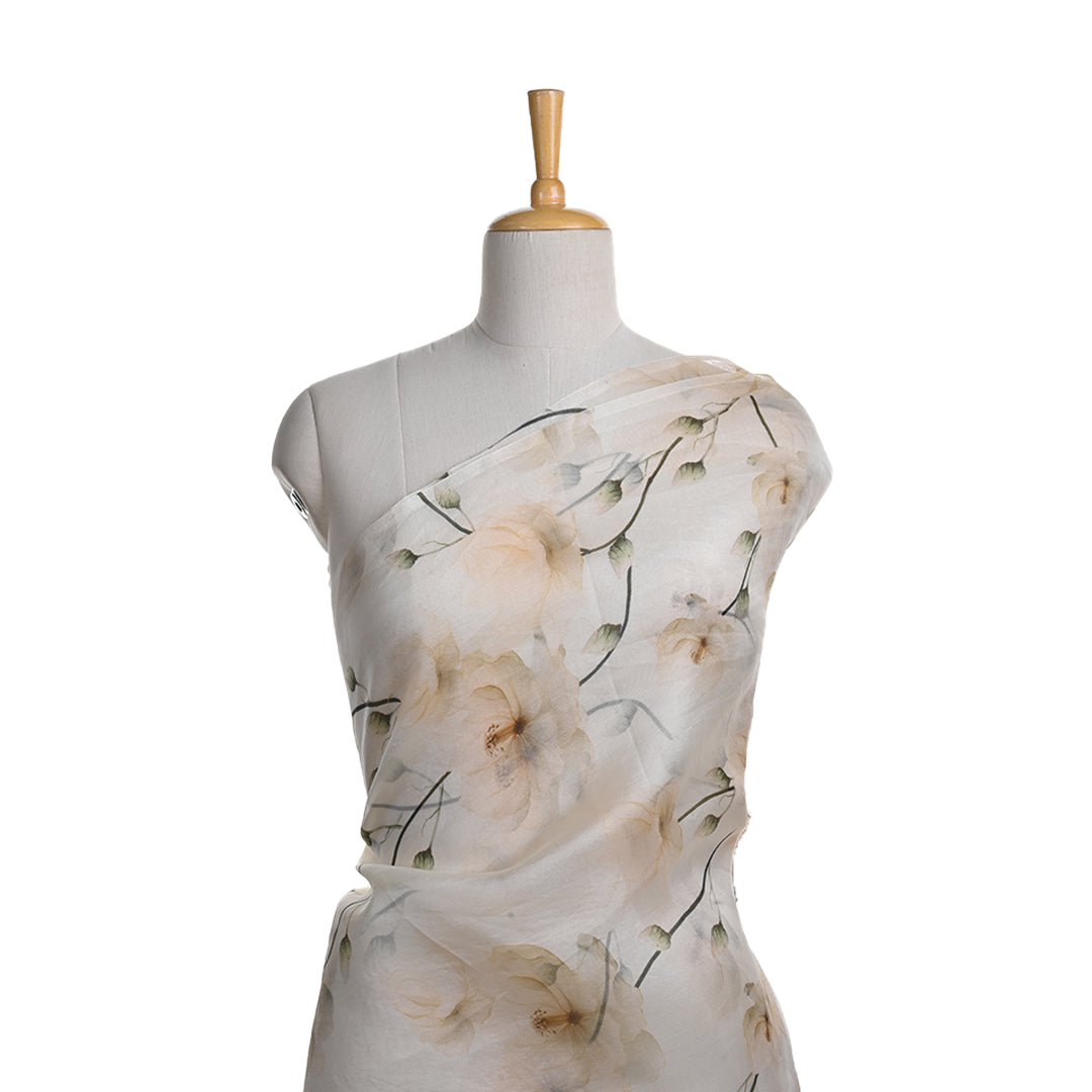 Milk White Printed Organza Fabric With Floral Pattern