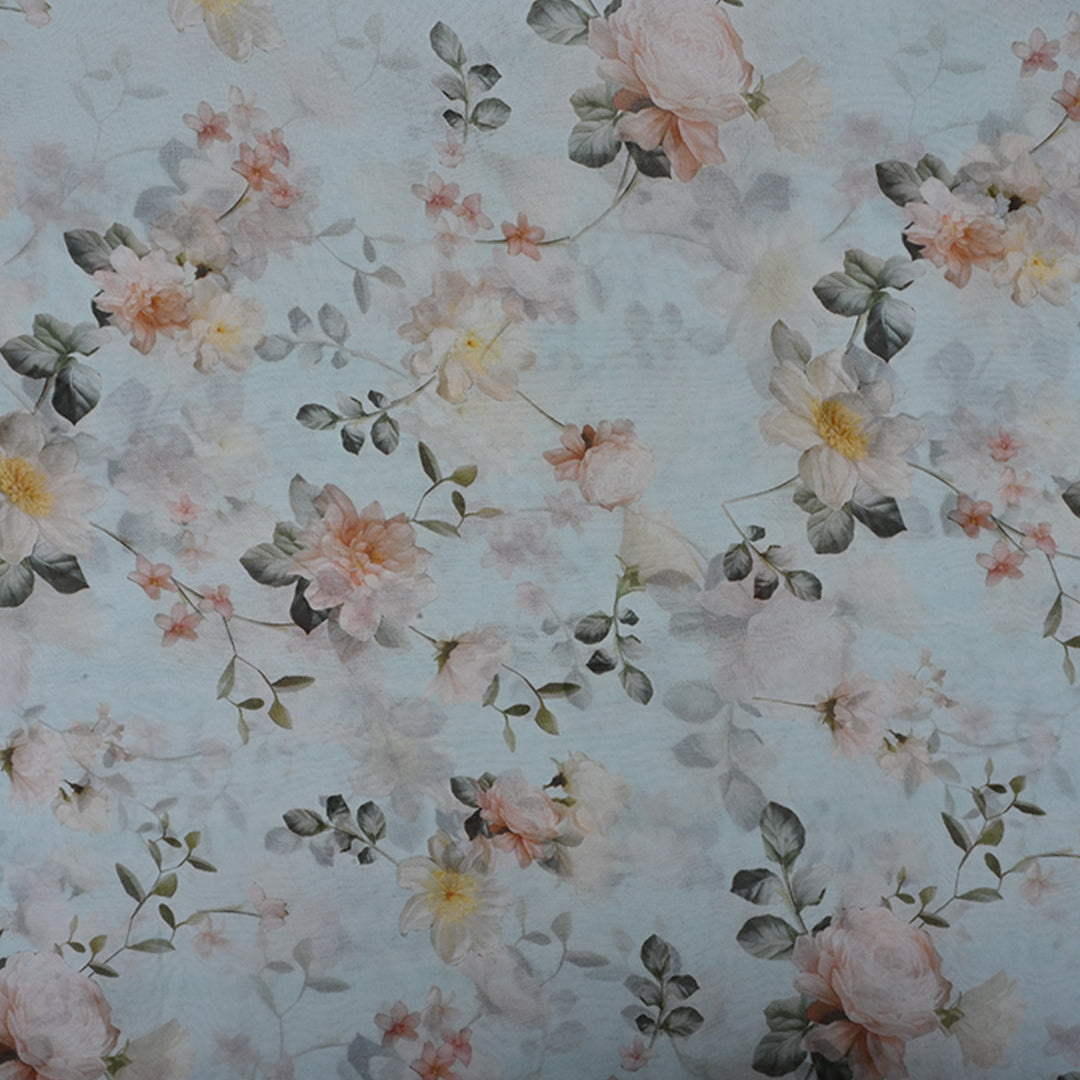 Pale Blue Printed Organza Fabric With Floral Pattern