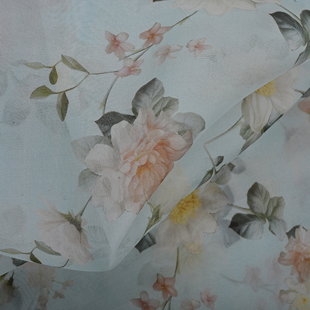 Pale Blue Printed Organza Fabric With Floral Pattern