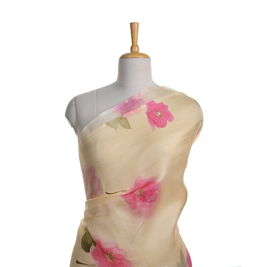 Pastel Cream Printed Organza Fabric With Floral Pattern