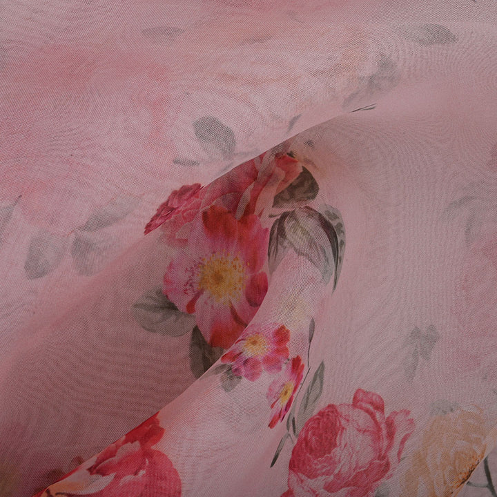 Pastel Pink Printed Organza Fabric With Floral Pattern