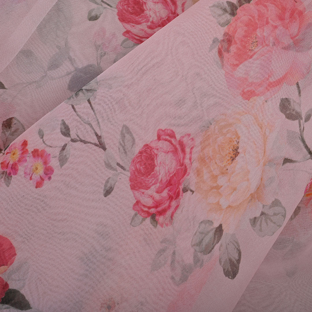 Pastel Pink Printed Organza Fabric With Floral Pattern