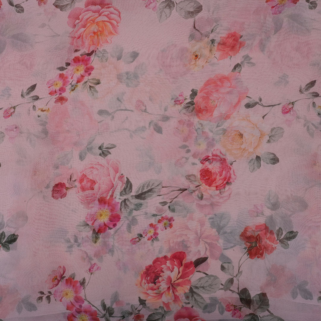 Pastel Pink Printed Organza Fabric With Floral Pattern