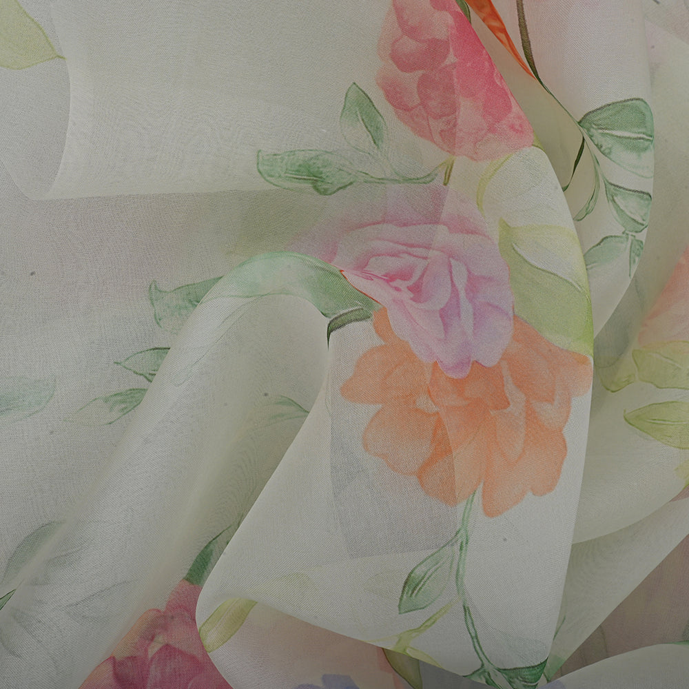 Alabaster White Printed Organza Fabric With Floral Pattern