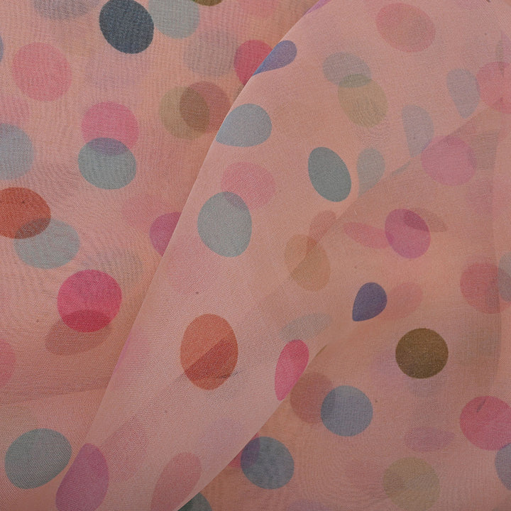 Pale Candy Pink Printed Organza Fabric With Circular Buttis