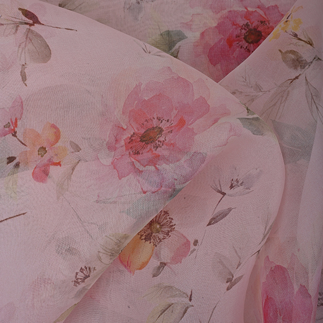 Light Pink Printed Organza Fabric With Floral Pattern