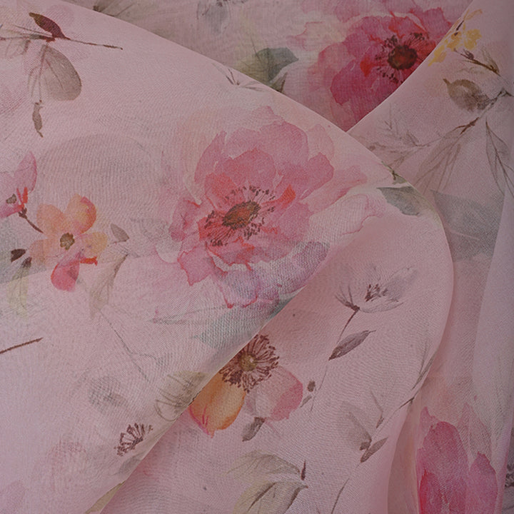 Light Pink Printed Organza Fabric With Floral Pattern