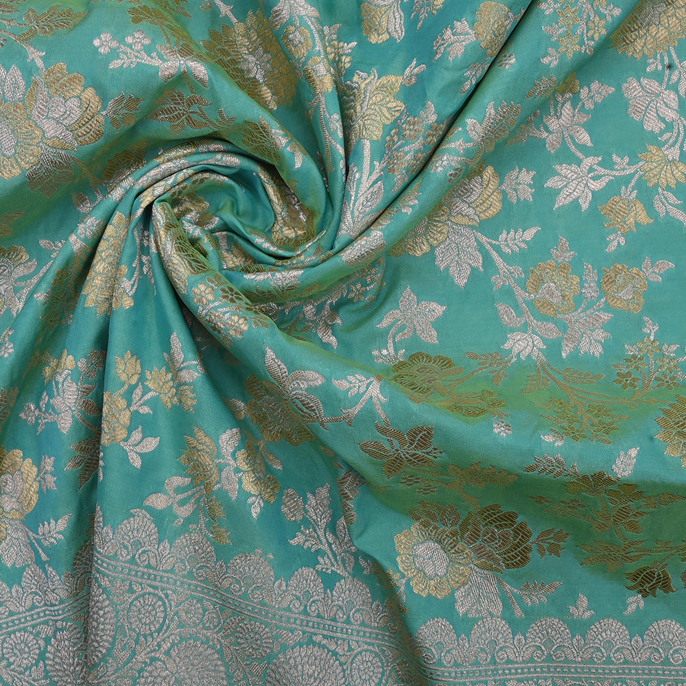 Turquoise Blue Banarasi Fabric With Floral Jaal Weaving & Border