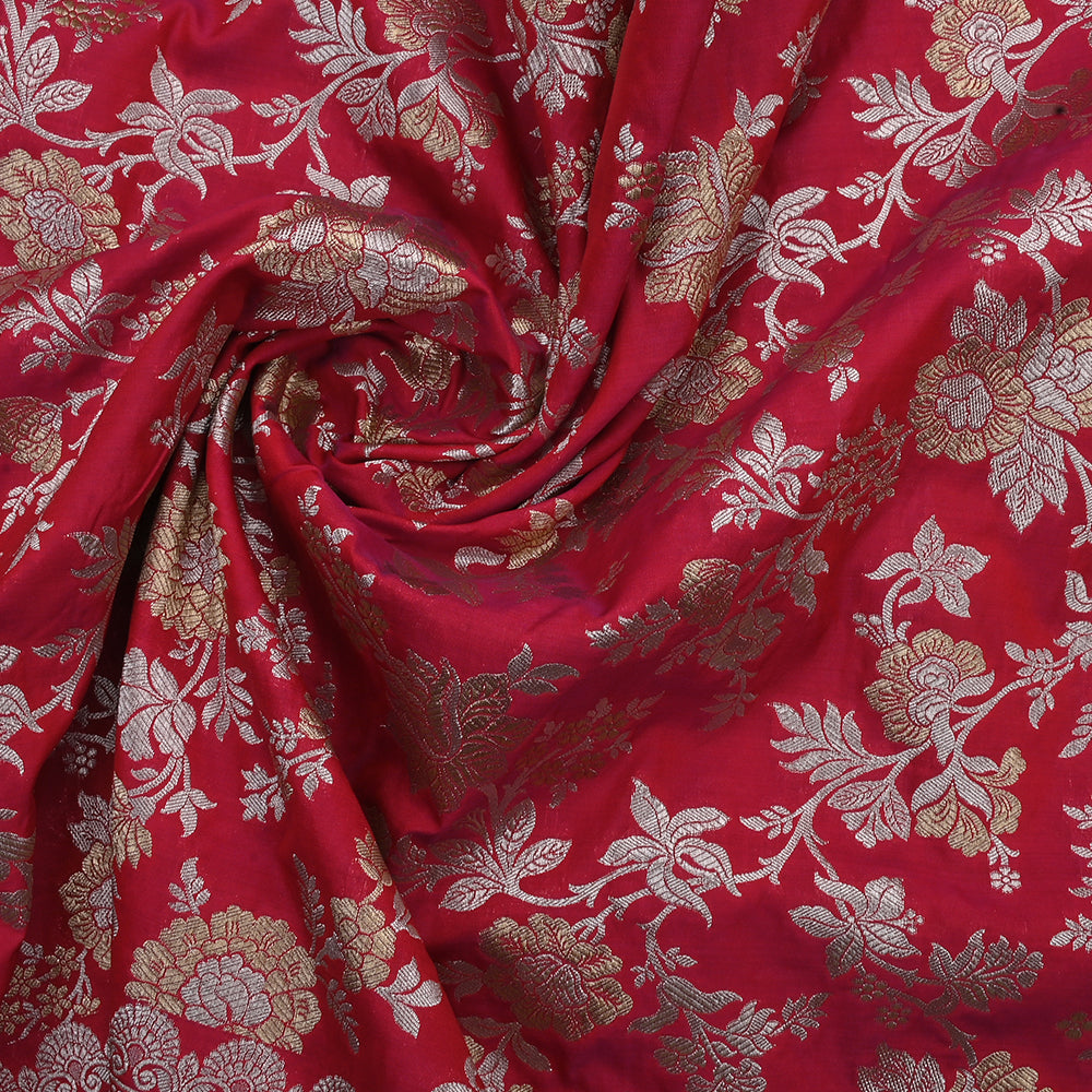 Deep Red Banarasi Fabric With Floral Jaal Weaving & Border