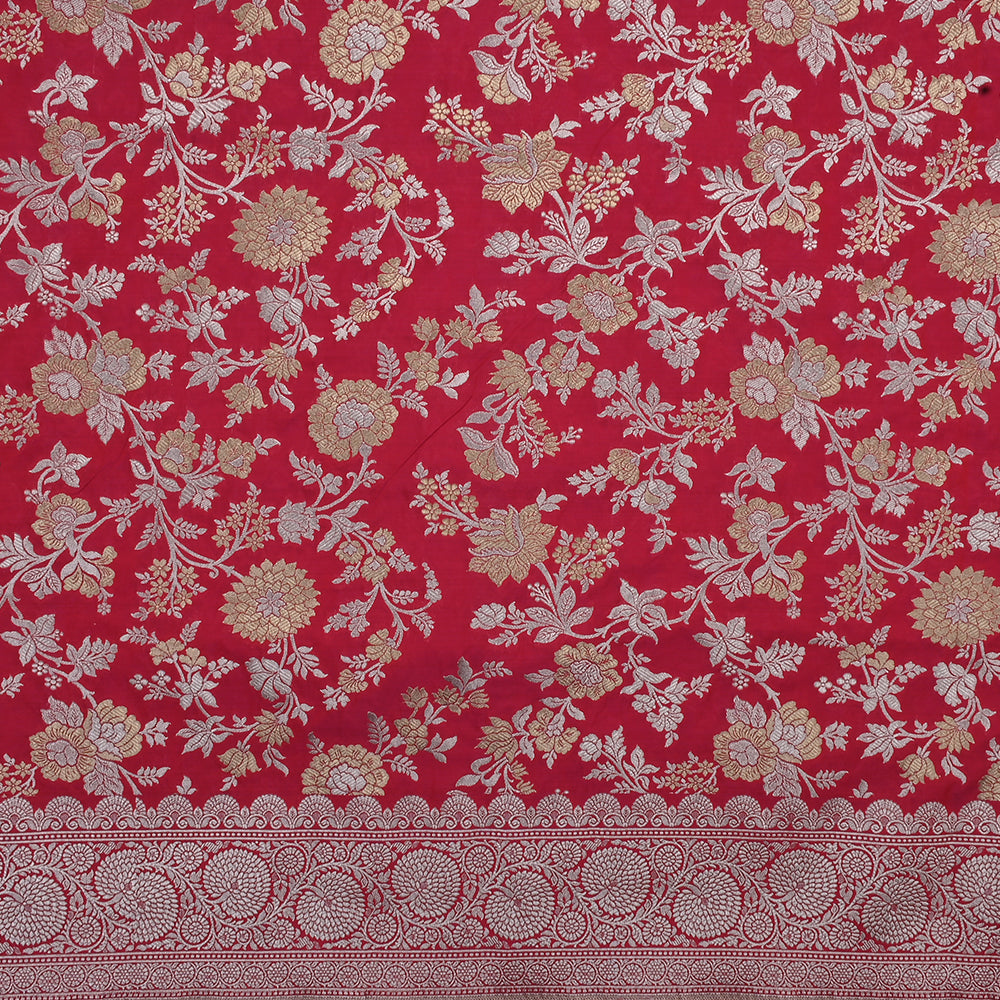 Deep Red Banarasi Fabric With Floral Jaal Weaving & Border