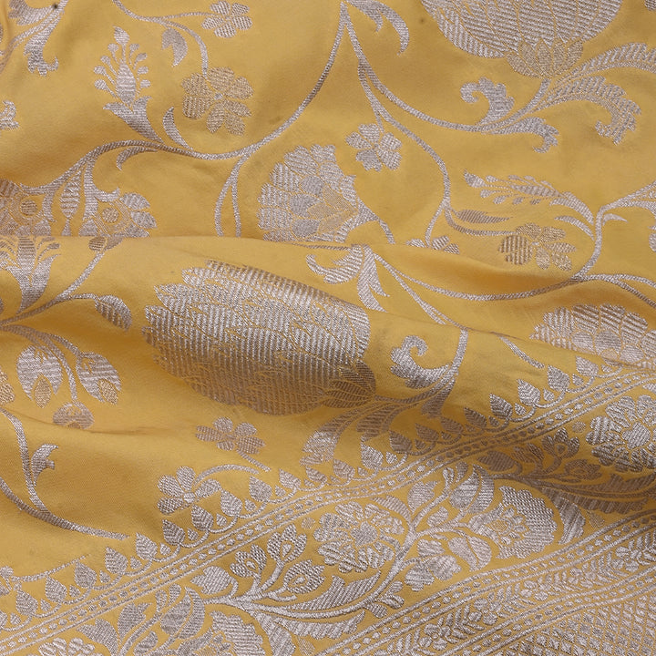Flax Yellow Banarasi Fabric With Floral Jaal Weaving & Border