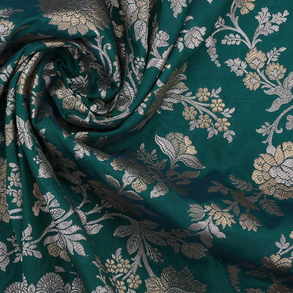 Deep Jungle Green Banarasi Fabric With Floral Jaal Weaving & Border