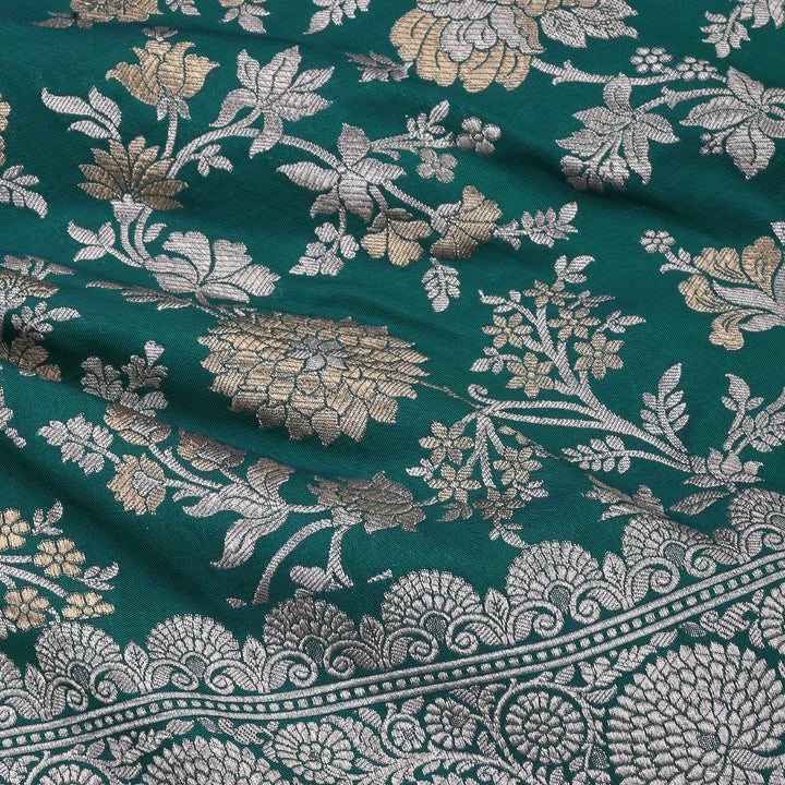 Deep Jungle Green Banarasi Fabric With Floral Jaal Weaving & Border