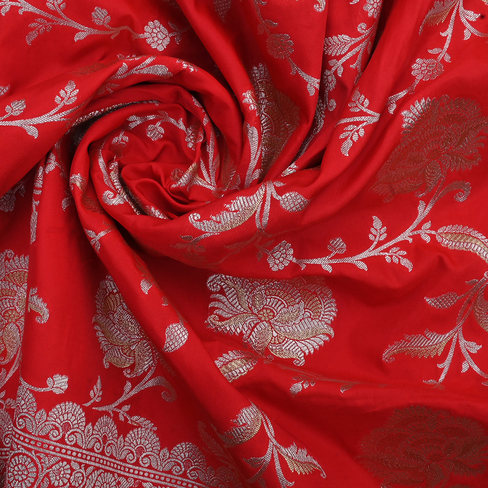 Chilli Red Banarasi Fabric With Floral Jaal Weaving & Border