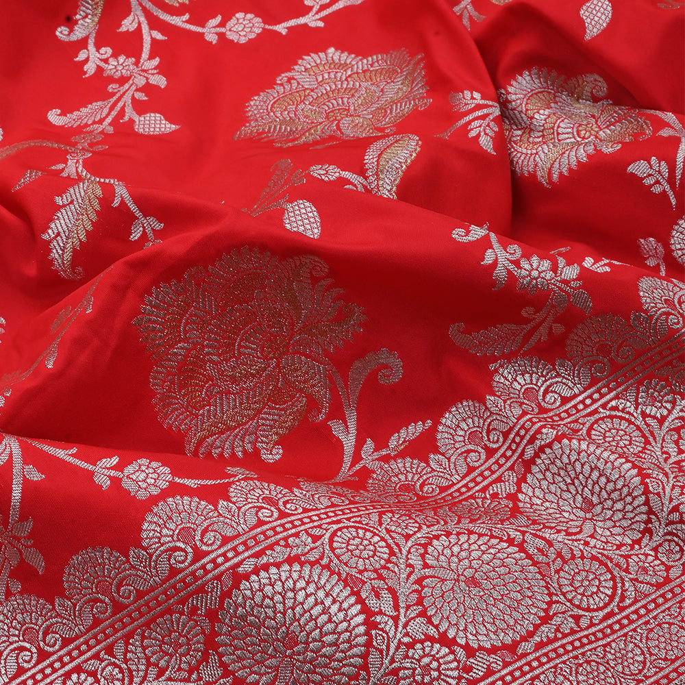 Chilli Red Banarasi Fabric With Floral Jaal Weaving & Border