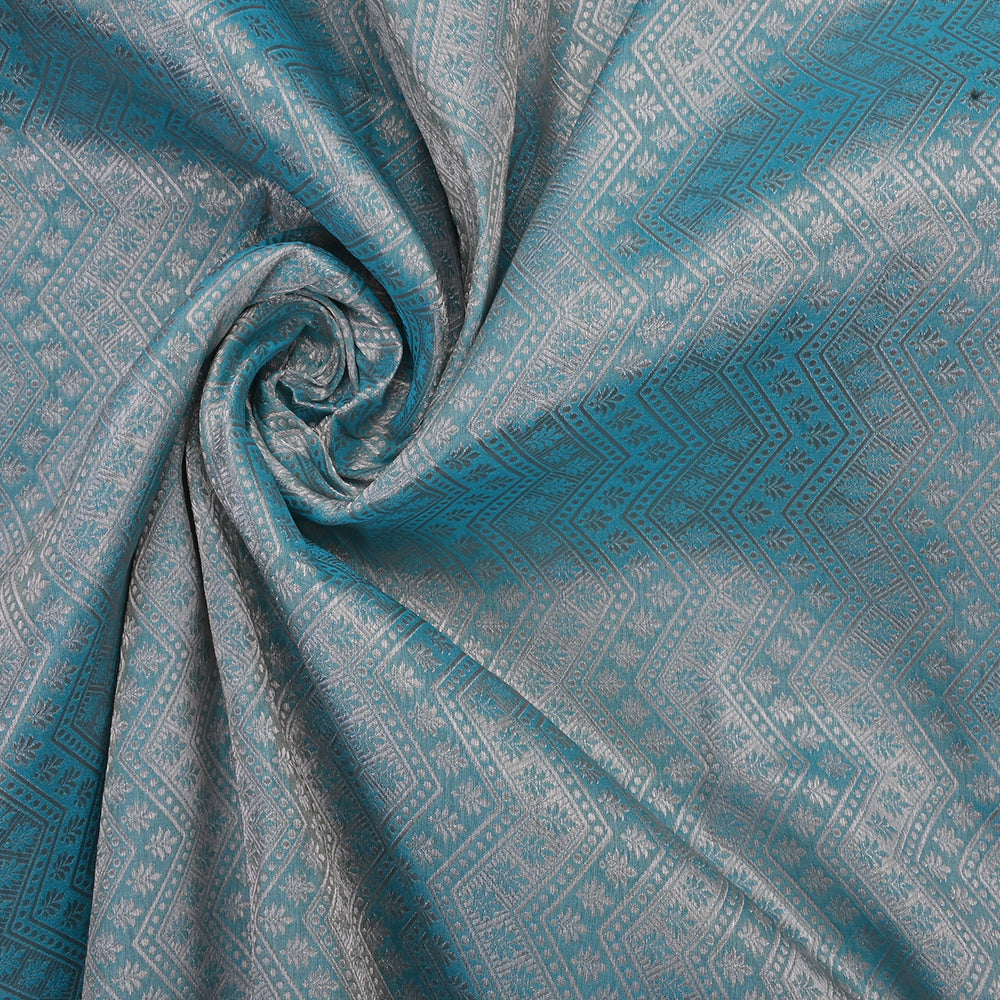 Pastel Blue Banarasi Fabric With Floral-Chevron Pattern