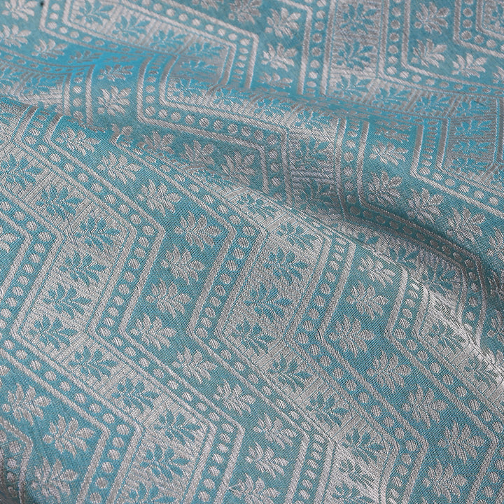 Pastel Blue Banarasi Fabric With Floral-Chevron Pattern