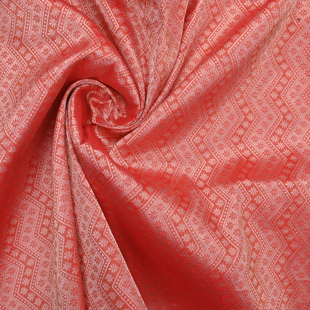 Vermillion Orange Banarasi Fabric With Floral-Chevron Pattern
