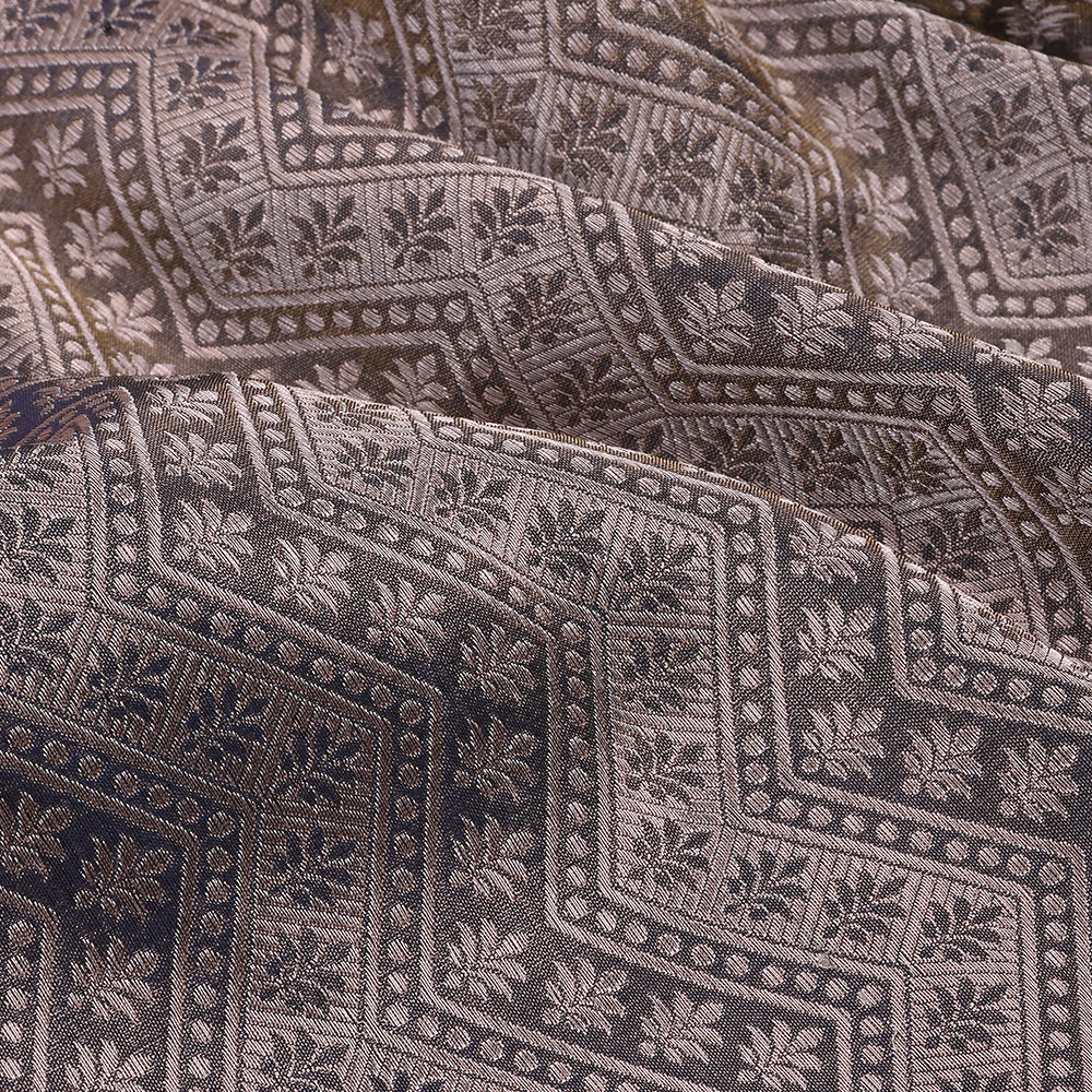 Stone Grey Banarasi Fabric With Floral Chevron Motif