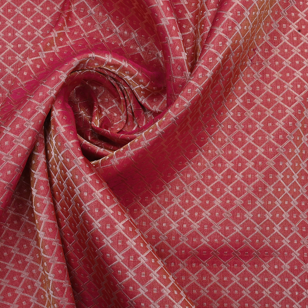 Watermelon Pink Banarasi Fabric With Geometric Weaving
