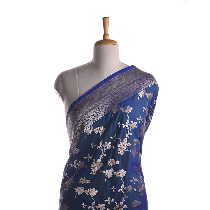 Cobalt Blue Banarasi Fabric With Floral Jaal Weaving And Border