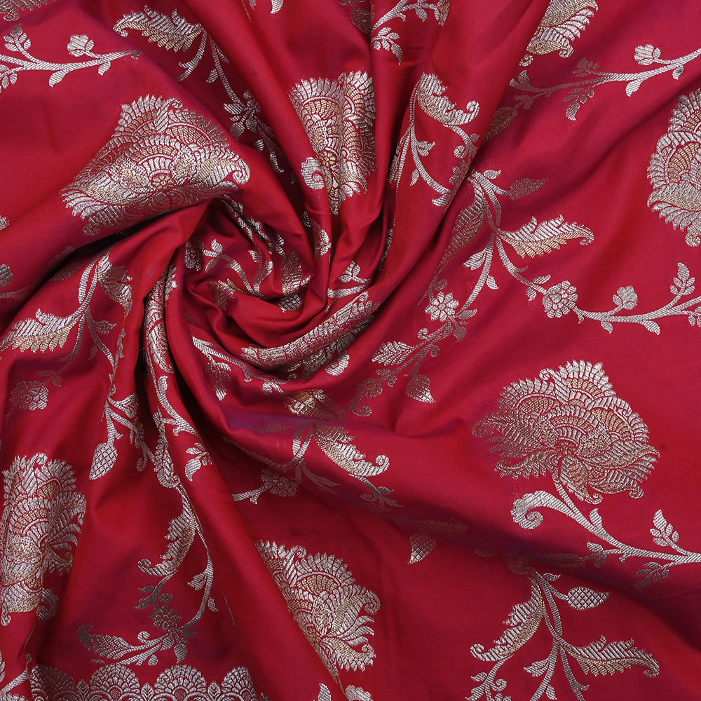 Raspberry Red Banarasi Fabric With Floral Jaal Weaving & Border