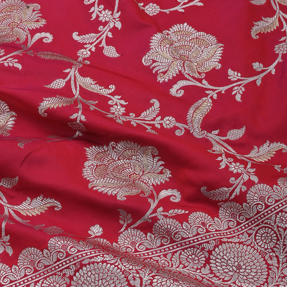 Raspberry Red Banarasi Fabric With Floral Jaal Weaving & Border