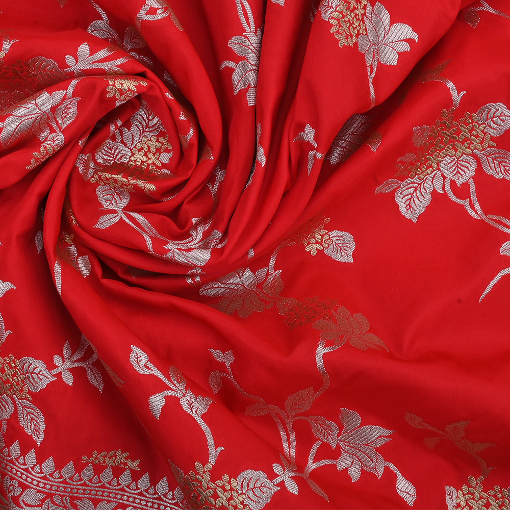Imperial Red Banarasi Fabric With Floral Jaal Weaving & Border