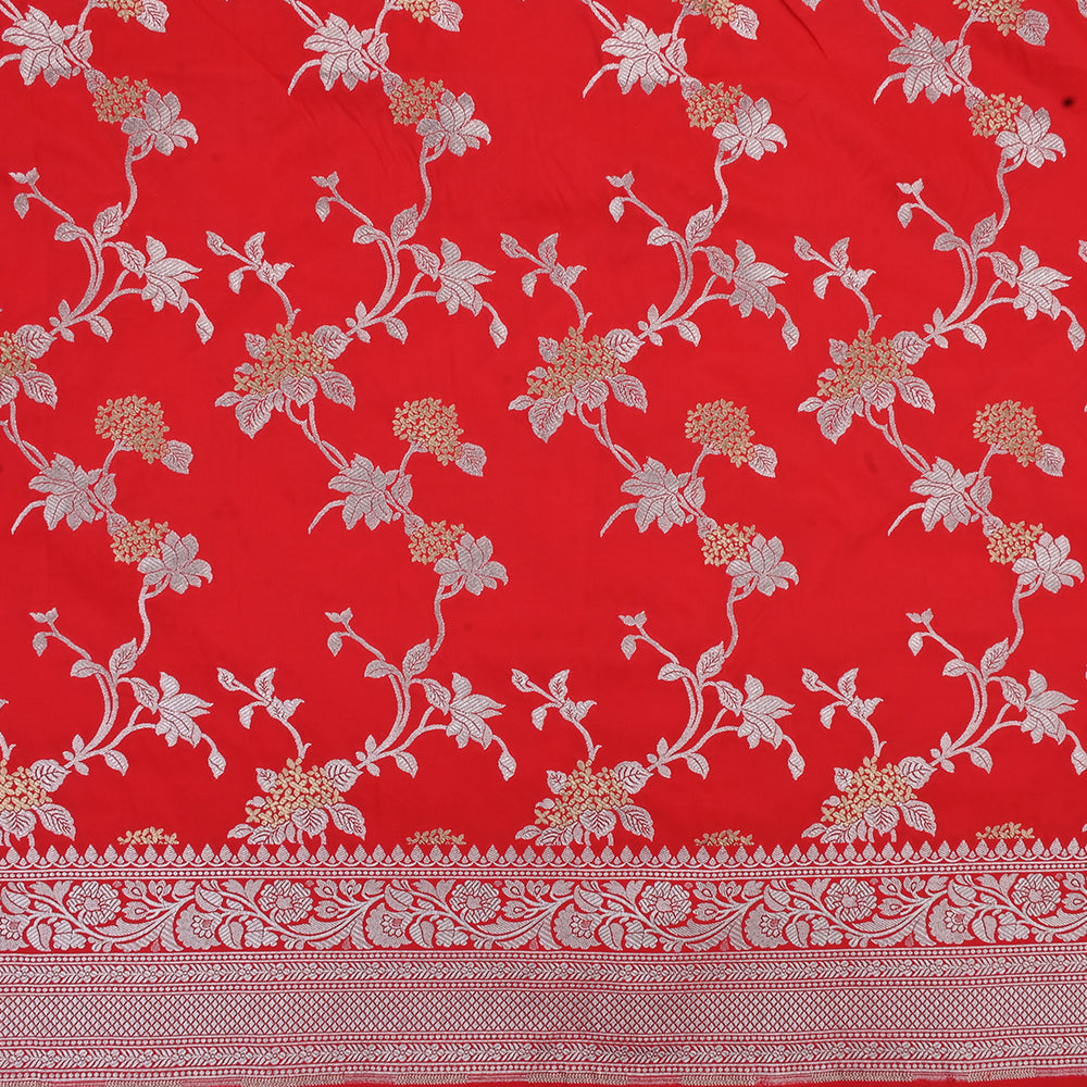 Imperial Red Banarasi Fabric With Floral Jaal Weaving & Border