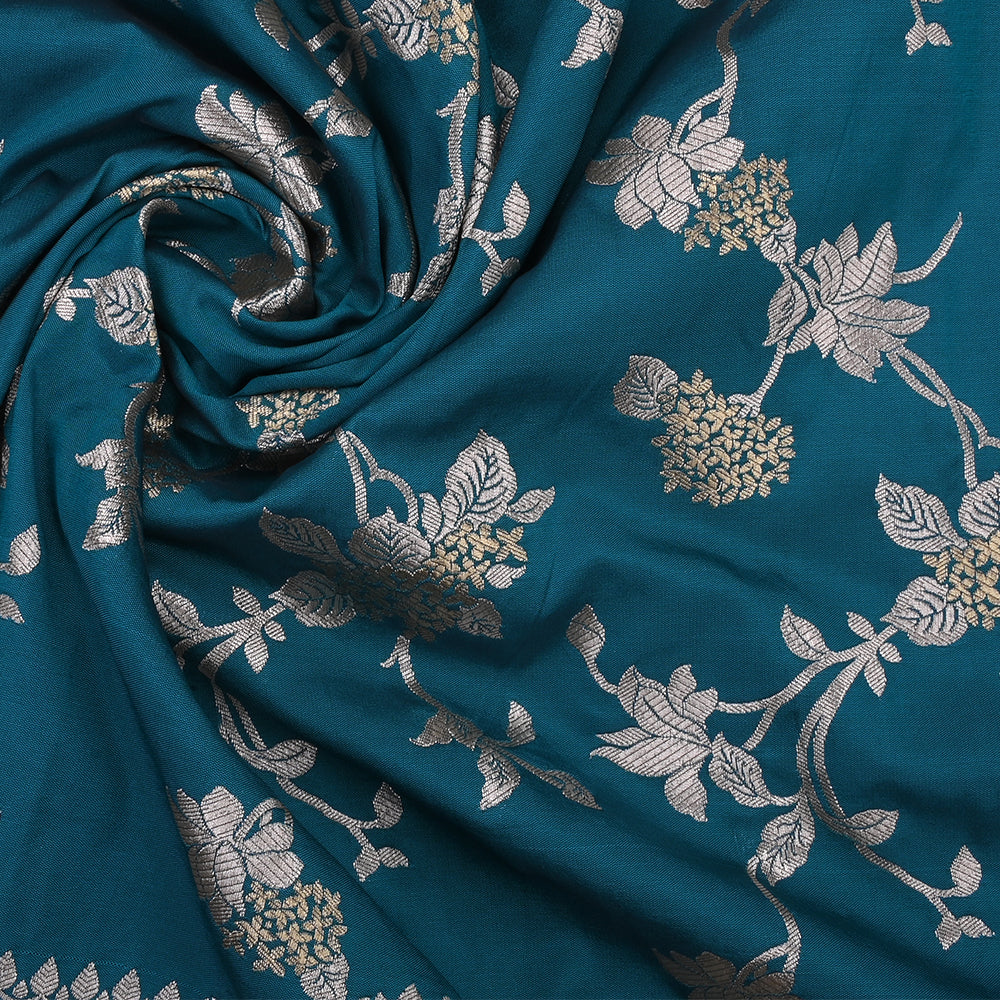 Munsell Blue Banarasi Fabric With Floral Jaal Weaving & Border