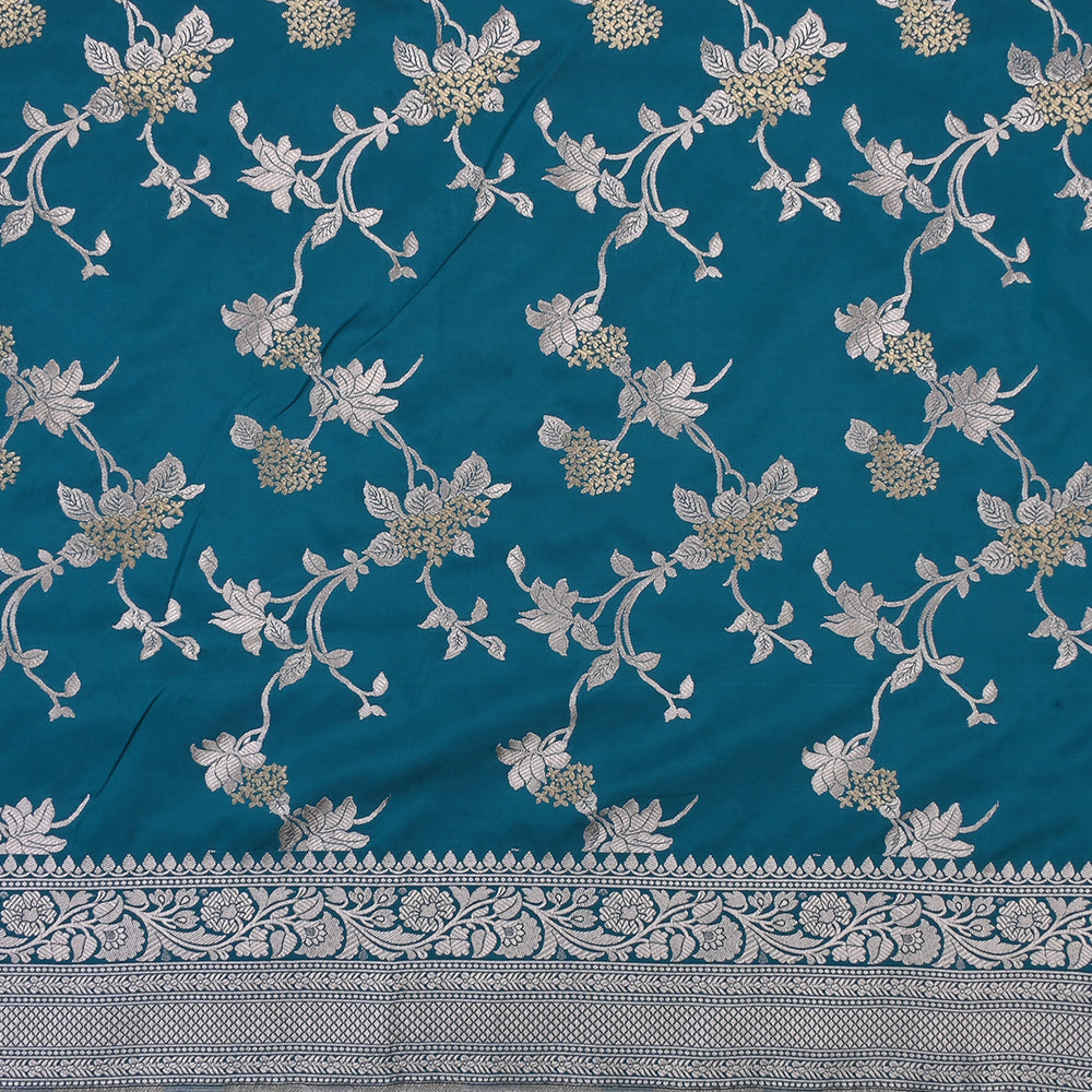 Munsell Blue Banarasi Fabric With Floral Jaal Weaving & Border
