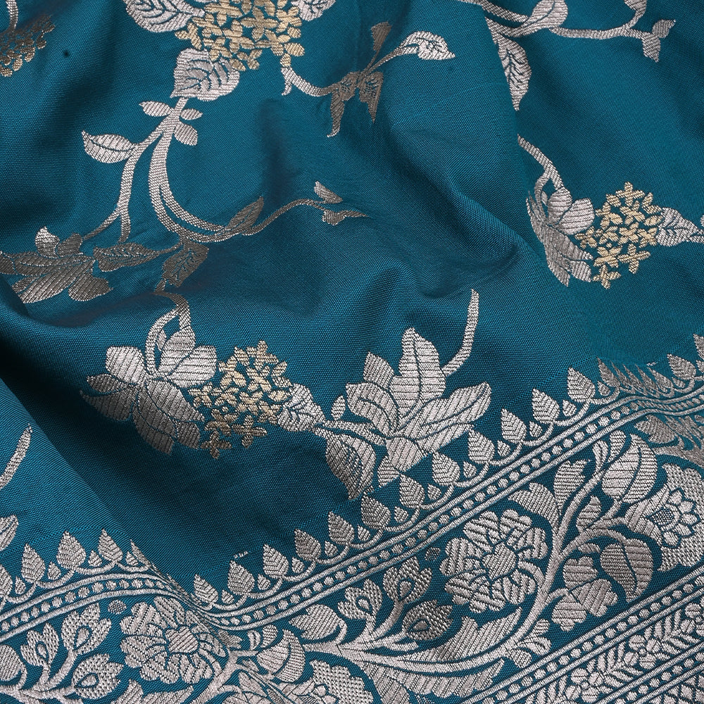 Munsell Blue Banarasi Fabric With Floral Jaal Weaving & Border