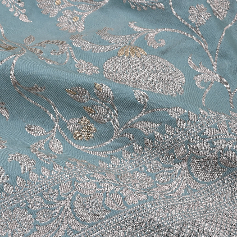 Powder Blue Banarasi Fabric With Floral Jaal Weaving & Border