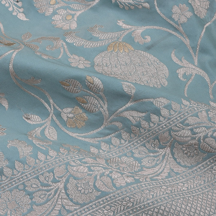 Powder Blue Banarasi Fabric With Floral Jaal Weaving & Border