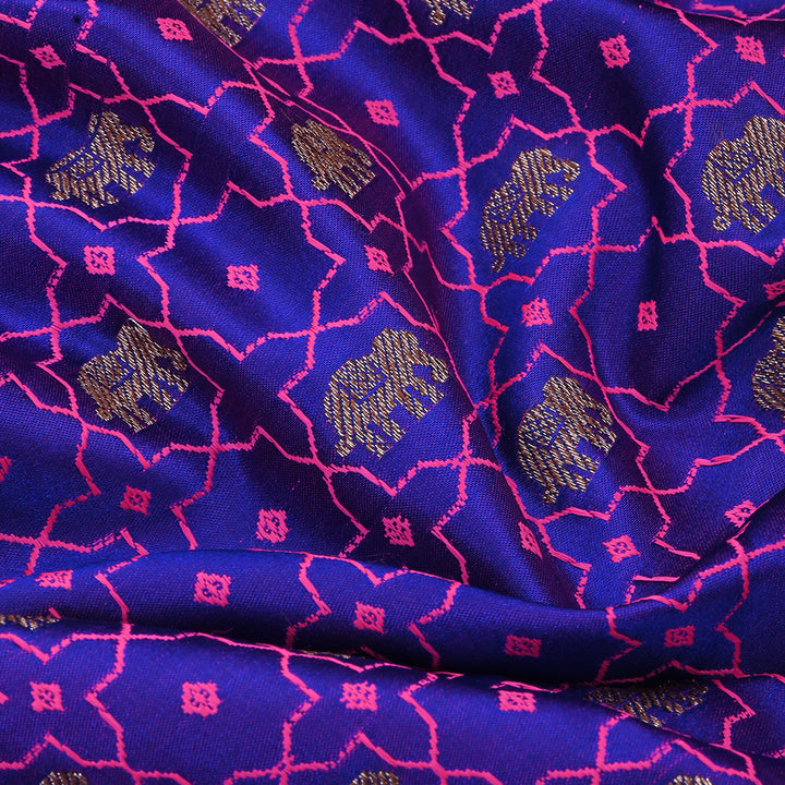 Blue Violet Silk Fabric With Jaal Weaving & Elephant Motif