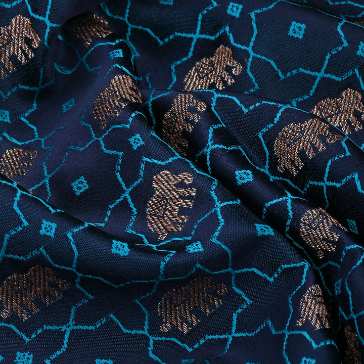 Berlin Blue Silk Fabric With Jaal Weaving & Elephant Motif