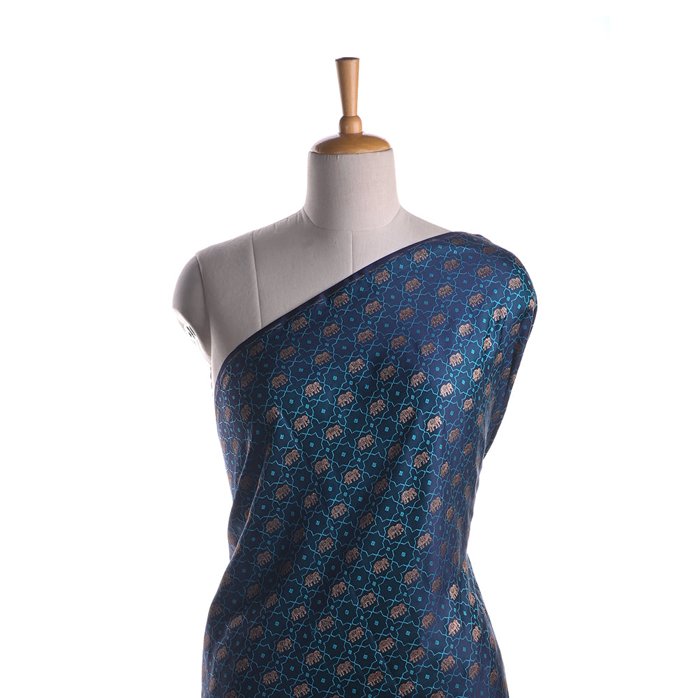 Berlin Blue Silk Fabric With Jaal Weaving & Elephant Motif