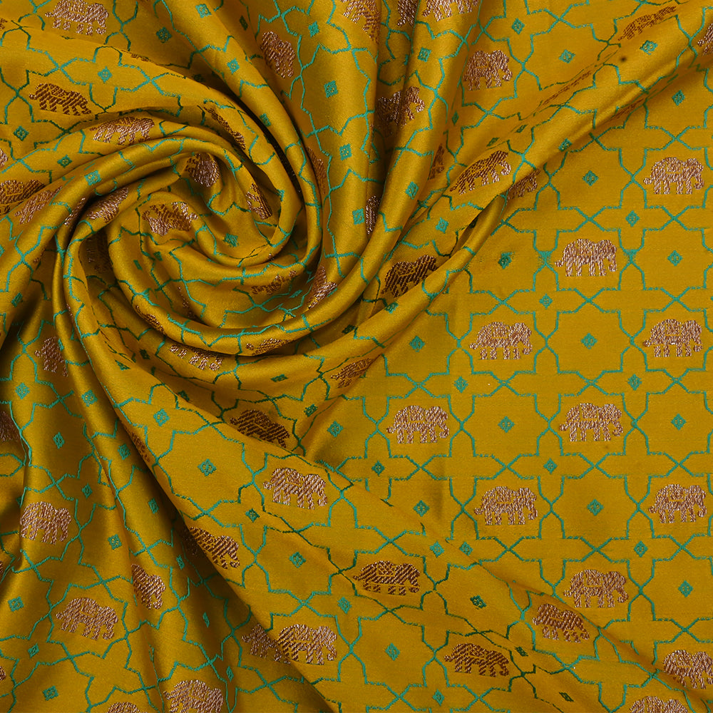 Saffron Gold Silk Fabric With Jaal Weaving & Elephant Motif