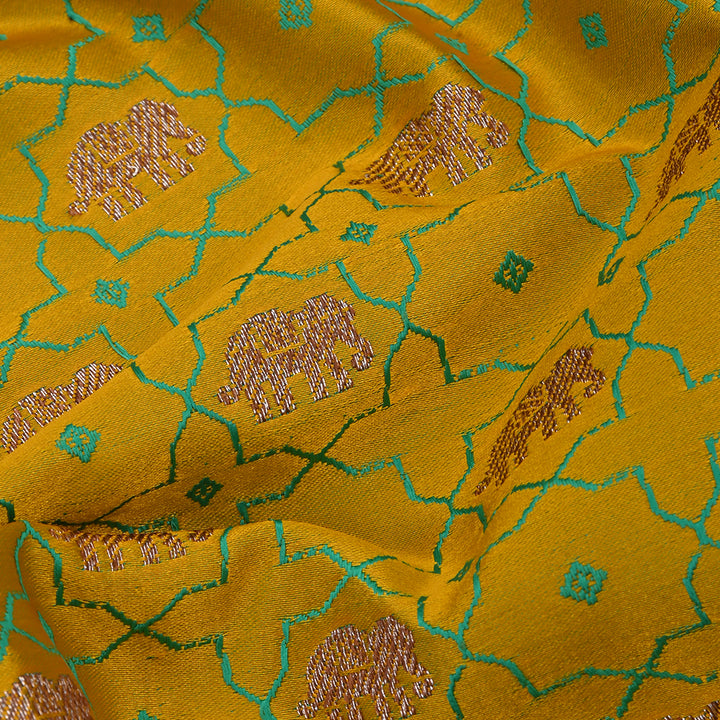 Saffron Gold Silk Fabric With Jaal Weaving & Elephant Motif