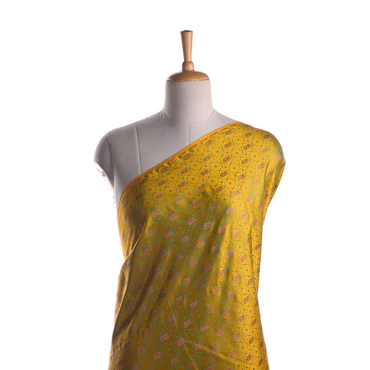 Saffron Gold Silk Fabric With Jaal Weaving & Elephant Motif