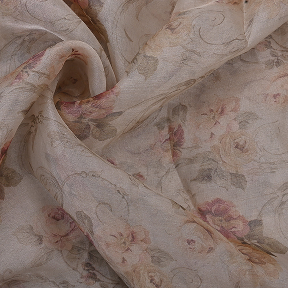 Parchment White Floral Printed Organza Fabric
