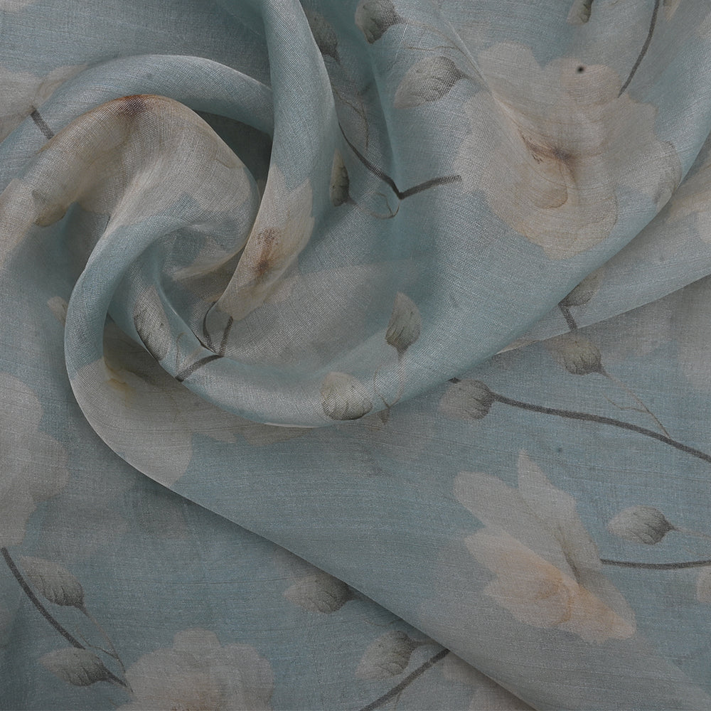 Pastel Columbia Blue Floral Printed Organza Fabric