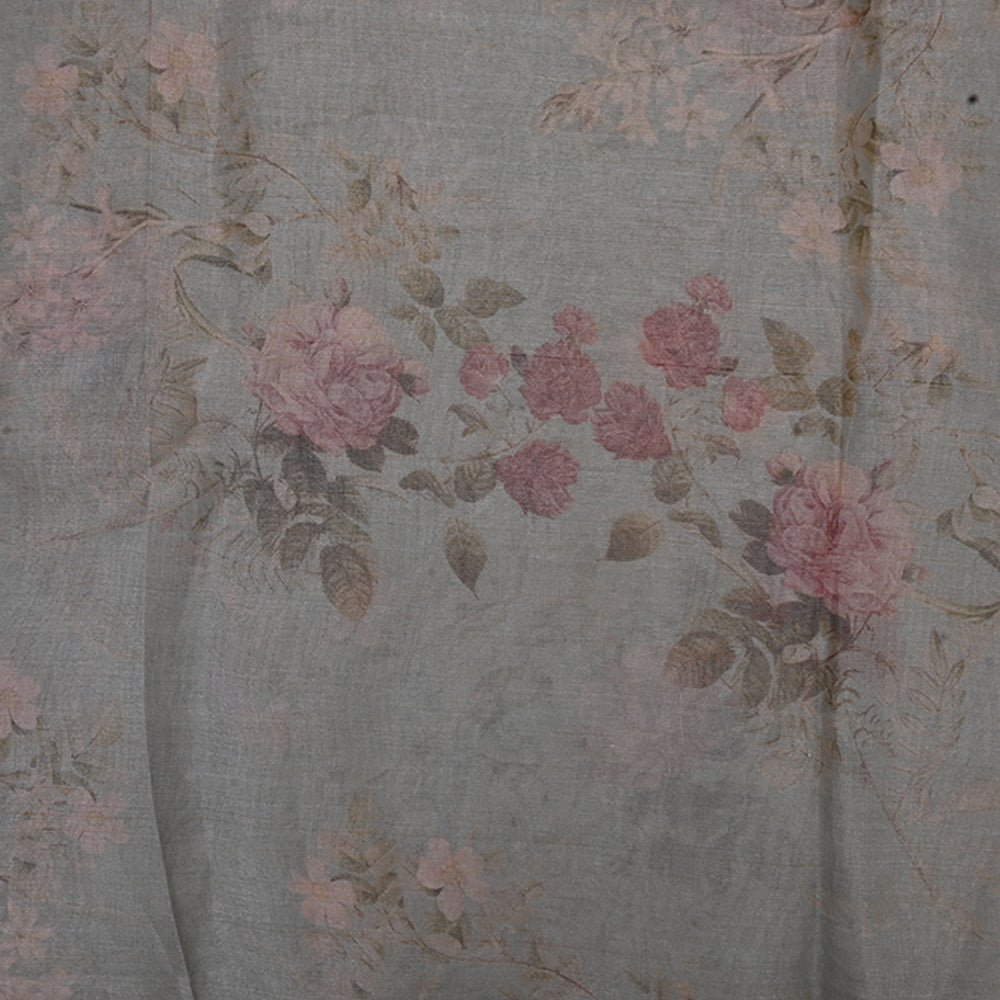 Medium Grey Floral Printed Organza Fabric
