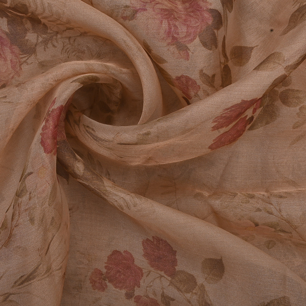 Light Copper Orange Floral Printed Organza Fabric