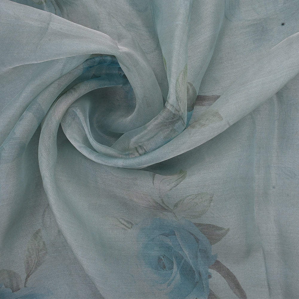 Grey-Blue Floral Printed Organza Fabric