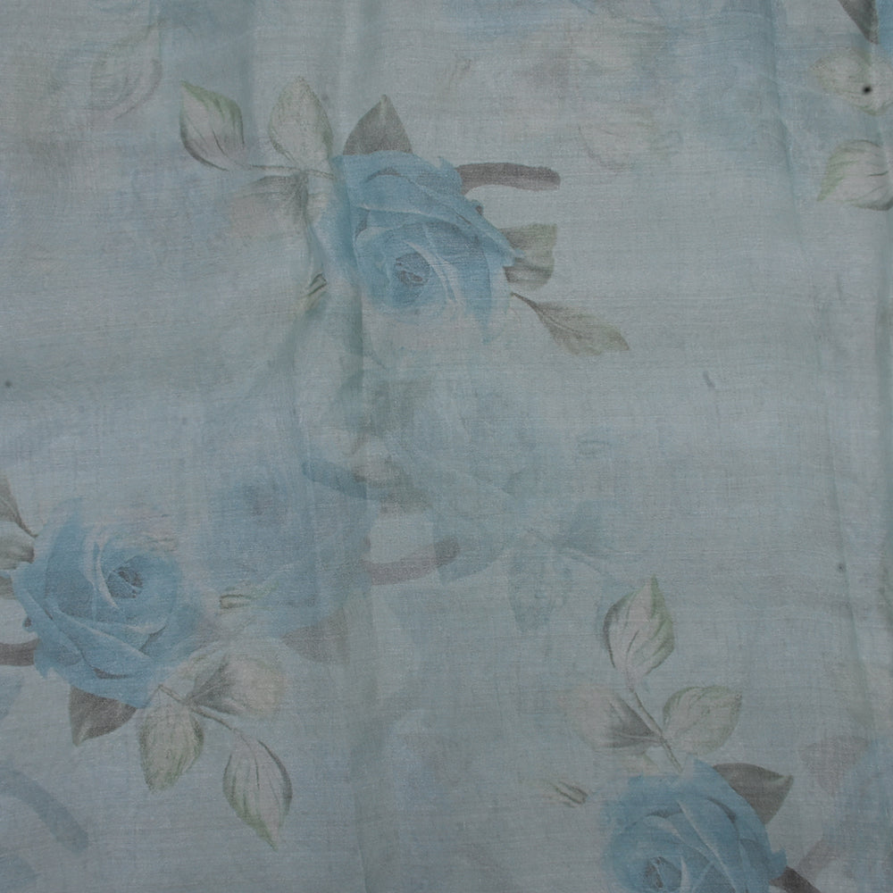 Grey-Blue Floral Printed Organza Fabric