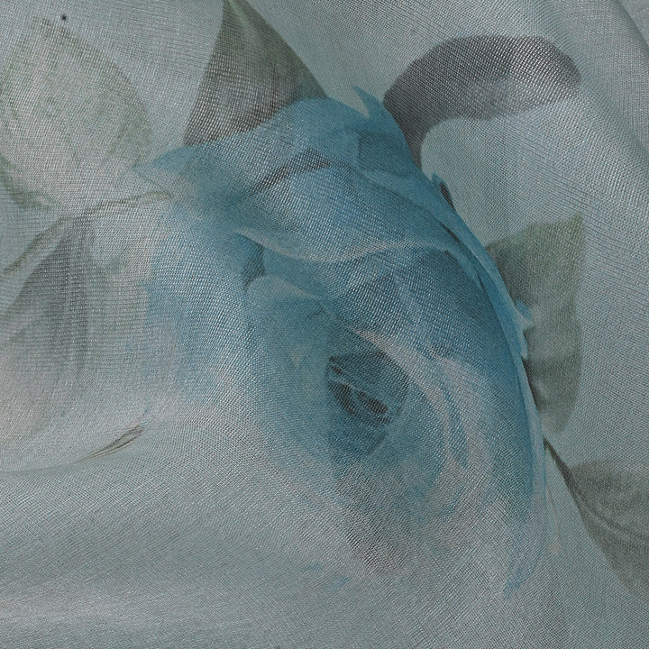 Grey-Blue Floral Printed Organza Fabric