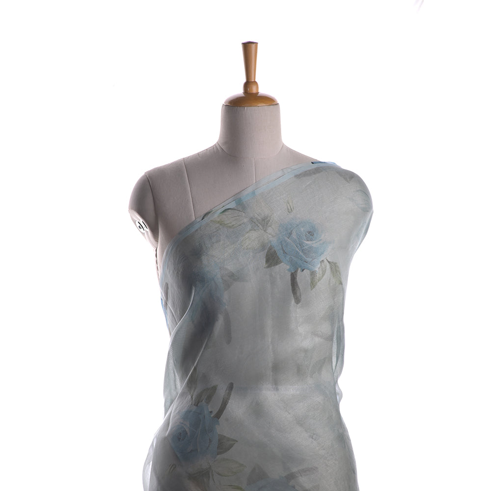 Grey-Blue Floral Printed Organza Fabric