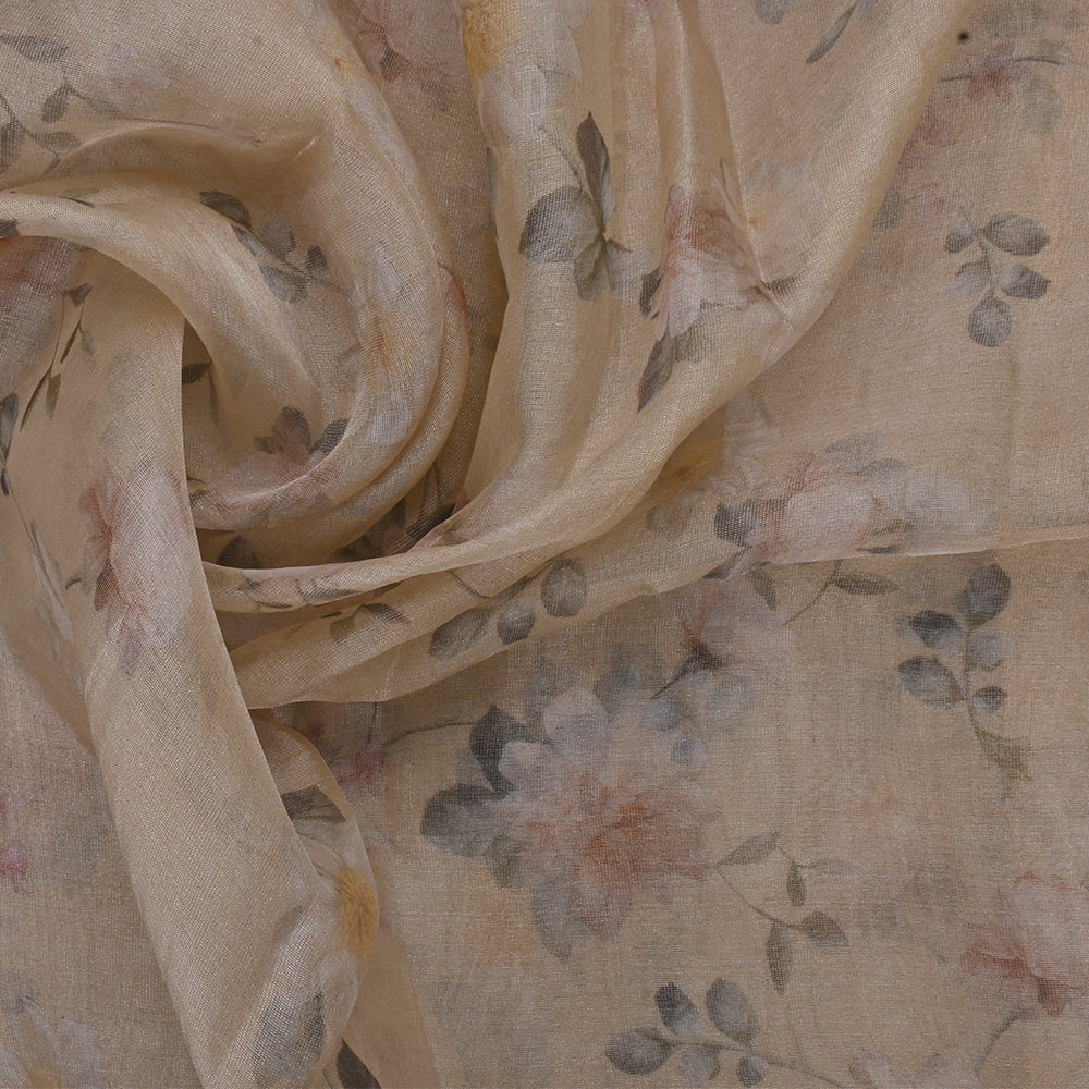 Pastel Peach Orange Floral Printed Organza Fabric