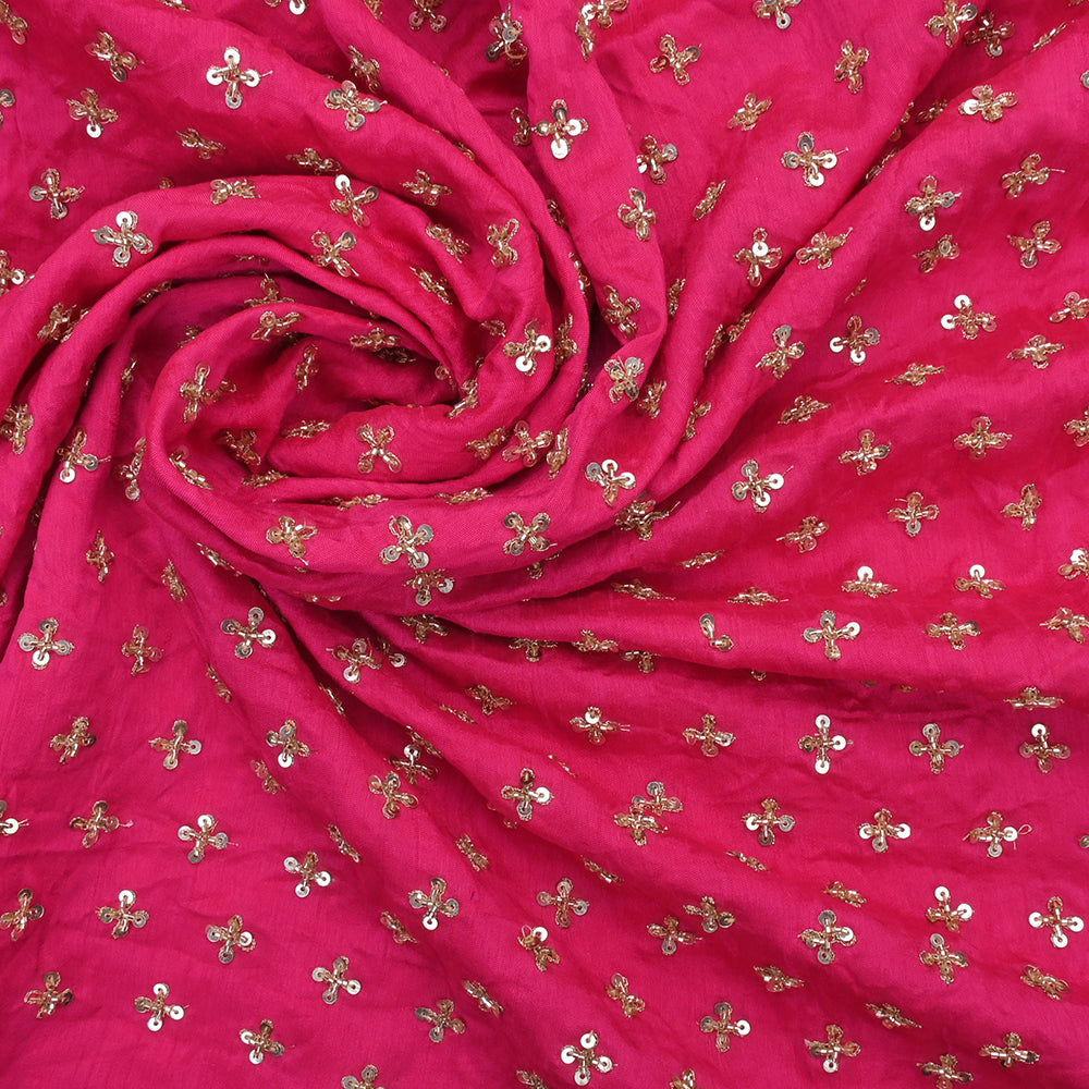 French Pink Raw Silk Fabric With Floral Embroidery